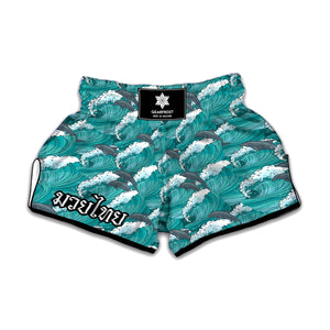 Dolphin Riding Waves Pattern Print Muay Thai Boxing Shorts