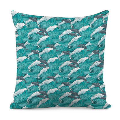 Dolphin Riding Waves Pattern Print Pillow Cover