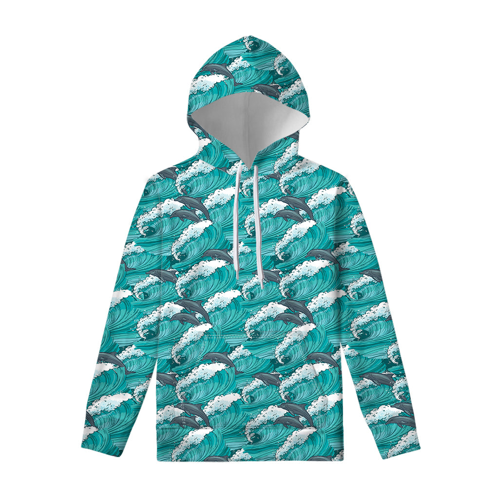 Dolphin Riding Waves Pattern Print Pullover Hoodie