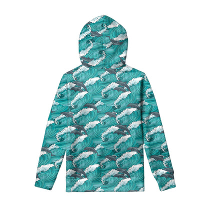 Dolphin Riding Waves Pattern Print Pullover Hoodie