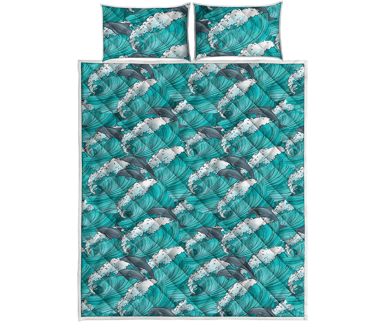 Dolphin Riding Waves Pattern Print Quilt Bed Set