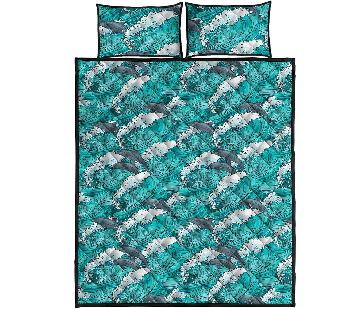 Dolphin Riding Waves Pattern Print Quilt Bed Set