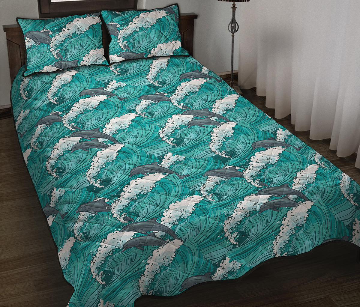 Dolphin Riding Waves Pattern Print Quilt Bed Set