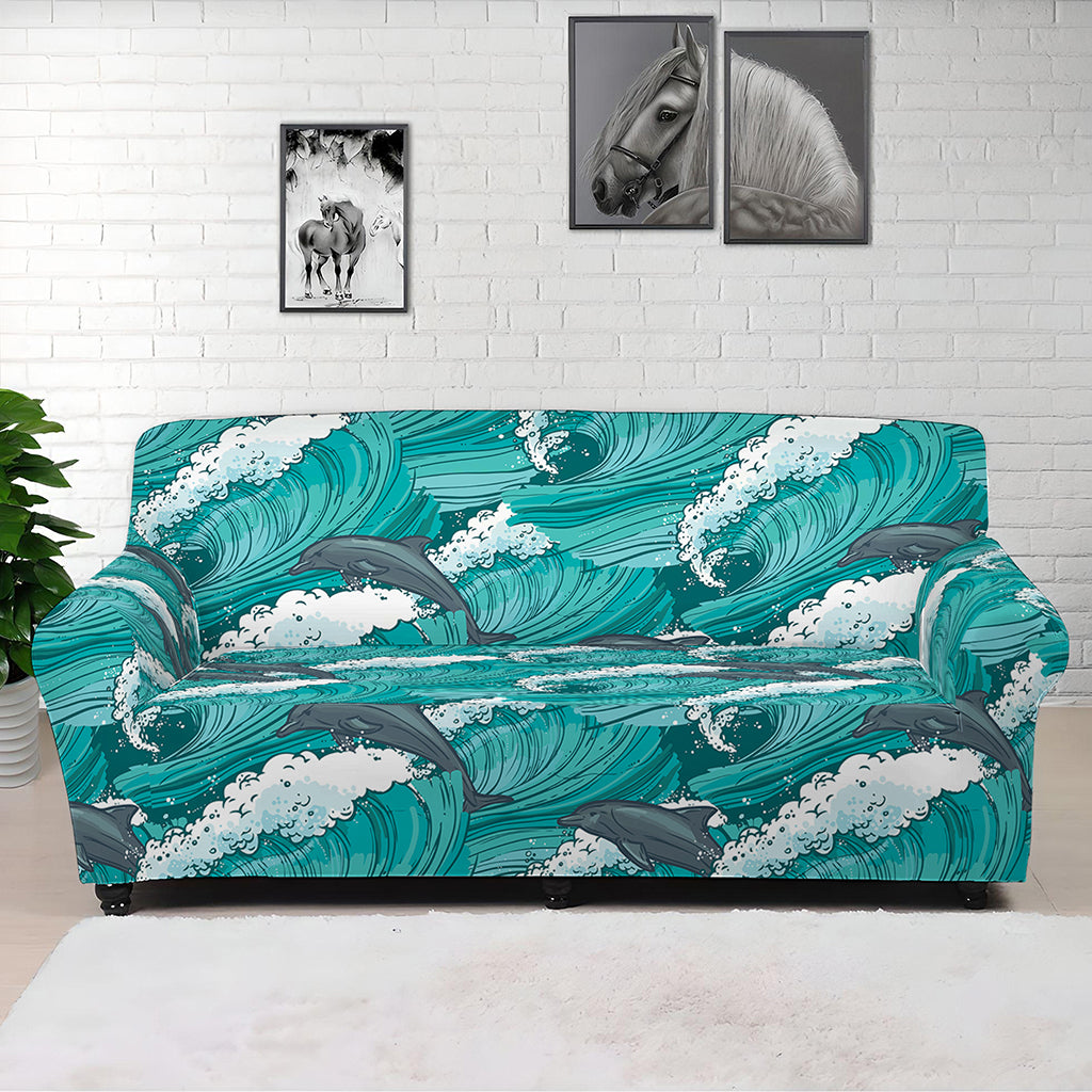 Dolphin Riding Waves Pattern Print Sofa Cover