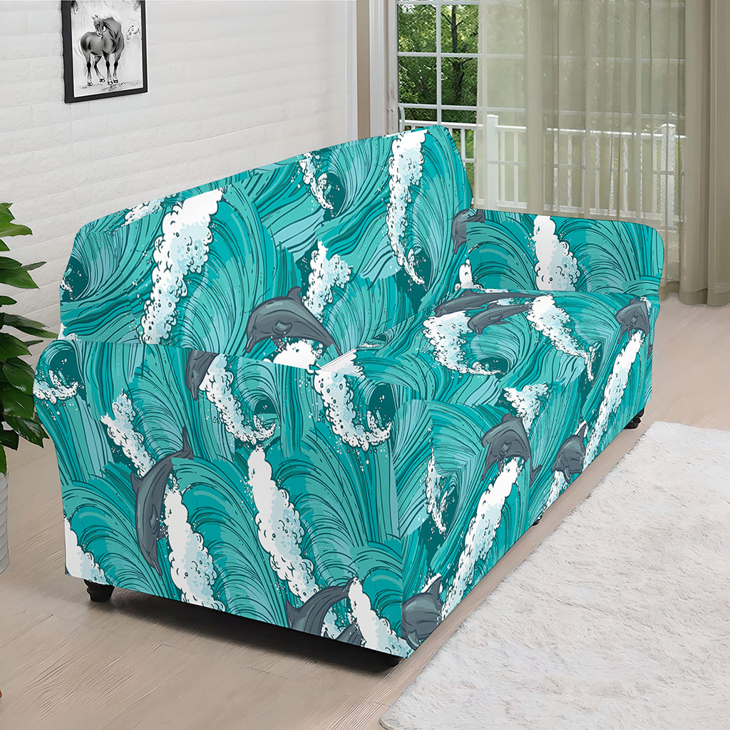 Dolphin Riding Waves Pattern Print Sofa Cover