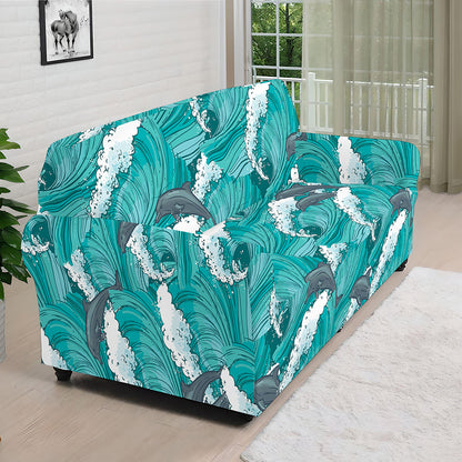Dolphin Riding Waves Pattern Print Sofa Cover