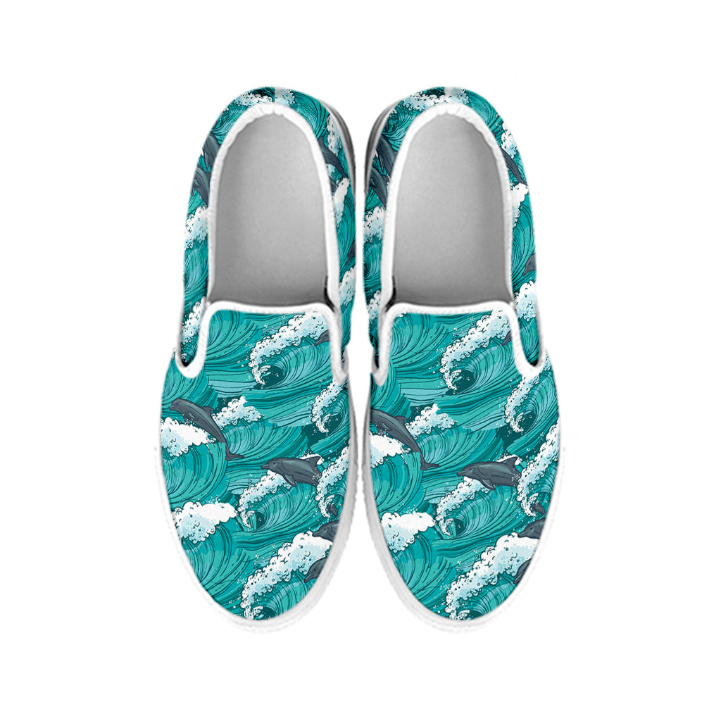 Dolphin Riding Waves Pattern Print White Slip On Shoes