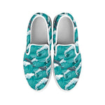 Dolphin Riding Waves Pattern Print White Slip On Shoes