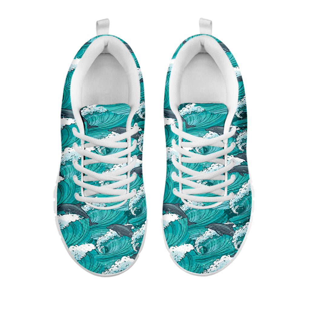 Dolphin Riding Waves Pattern Print White Sneakers