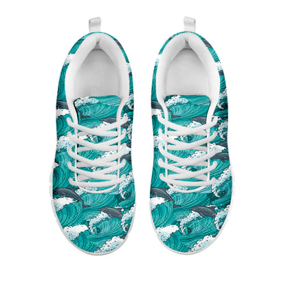 Dolphin Riding Waves Pattern Print White Sneakers
