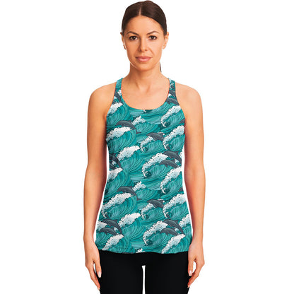 Dolphin Riding Waves Pattern Print Women's Racerback Tank Top