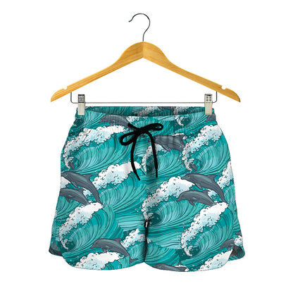 Dolphin Riding Waves Pattern Print Women's Shorts
