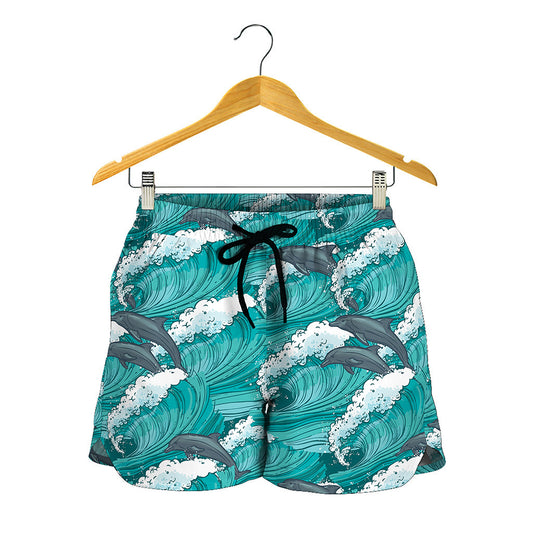 Dolphin Riding Waves Pattern Print Women's Shorts