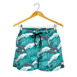 Dolphin Riding Waves Pattern Print Women's Shorts
