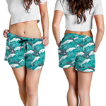 Dolphin Riding Waves Pattern Print Women's Shorts
