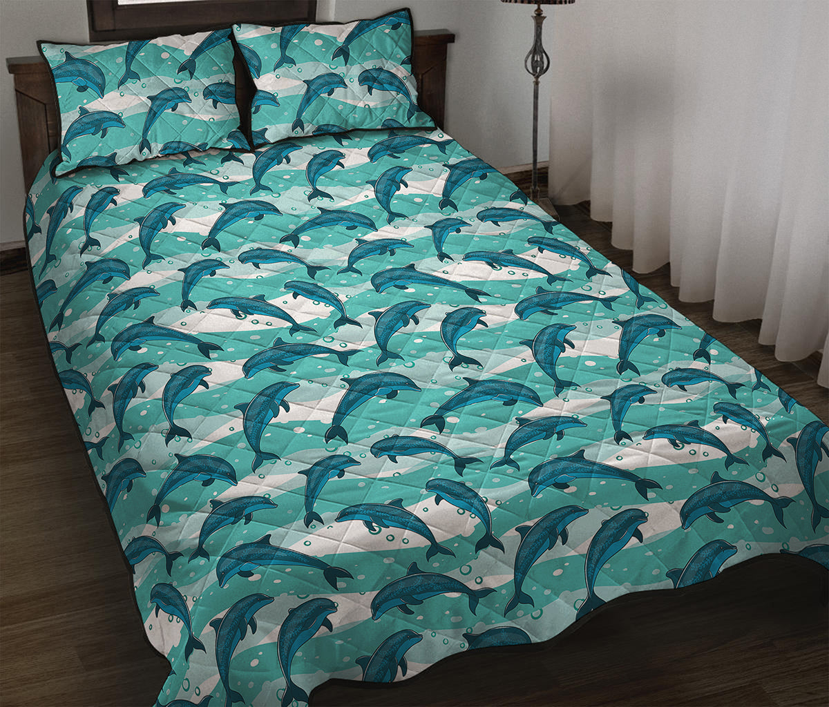 Dolphins In The Ocean Pattern Print Quilt Bed Set