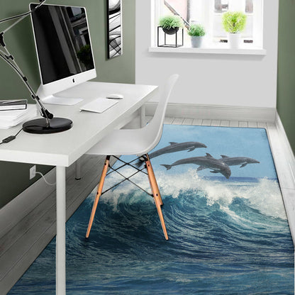 Dolphins Jumping Over Waves Print Area Rug