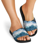 Dolphins Jumping Over Waves Print Black Slide Sandals