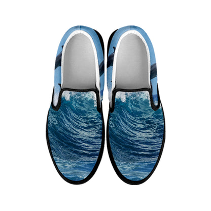 Dolphins Jumping Over Waves Print Black Slip On Shoes