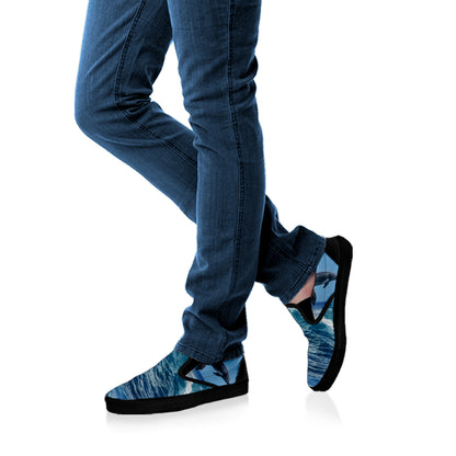 Dolphins Jumping Over Waves Print Black Slip On Shoes