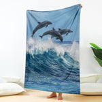 Dolphins Jumping Over Waves Print Blanket