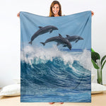 Dolphins Jumping Over Waves Print Blanket