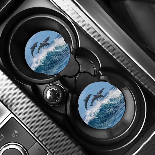 Dolphins Jumping Over Waves Print Car Coasters