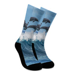 Dolphins Jumping Over Waves Print Crew Socks
