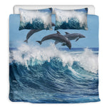Dolphins Jumping Over Waves Print Duvet Cover Bedding Set