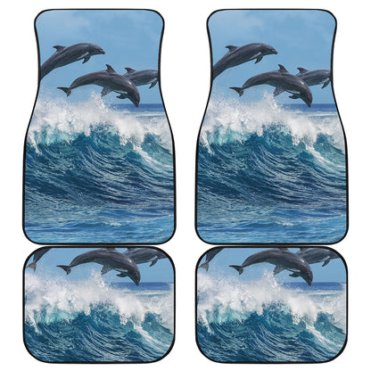 Dolphins Jumping Over Waves Print Front and Back Car Floor Mats