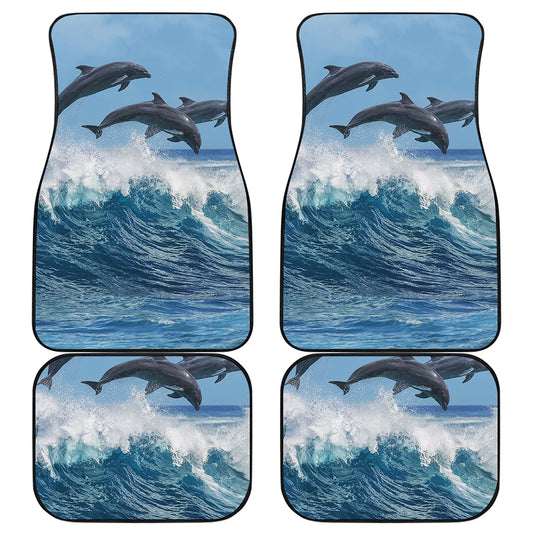 Dolphins Jumping Over Waves Print Front and Back Car Floor Mats