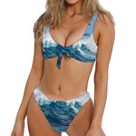 Dolphins Jumping Over Waves Print Front Bow Tie Bikini