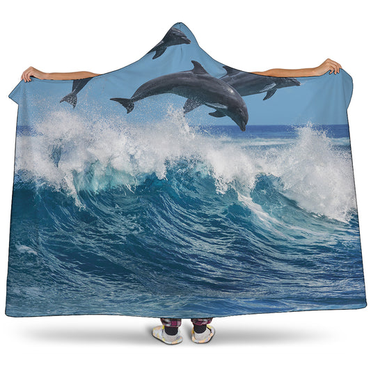 Dolphins Jumping Over Waves Print Hooded Blanket