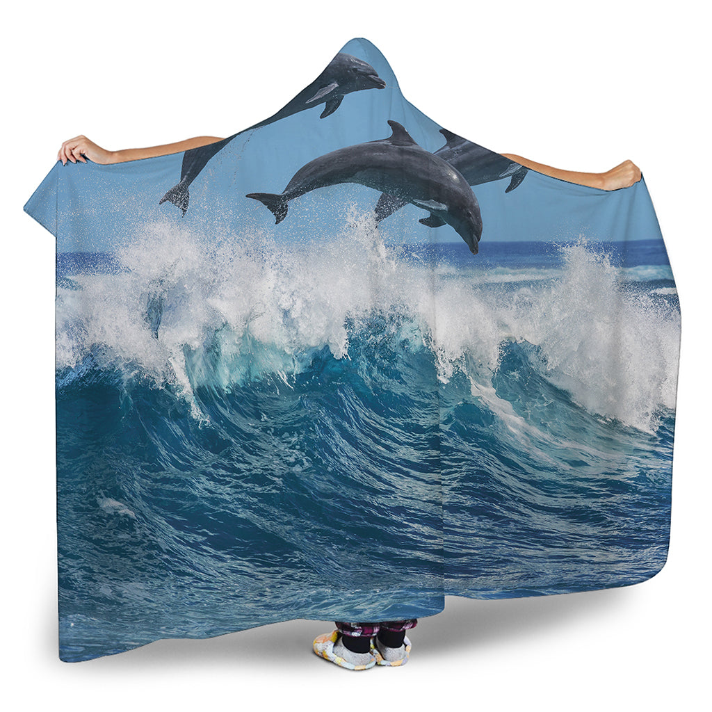 Dolphins Jumping Over Waves Print Hooded Blanket