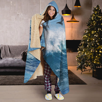 Dolphins Jumping Over Waves Print Hooded Blanket
