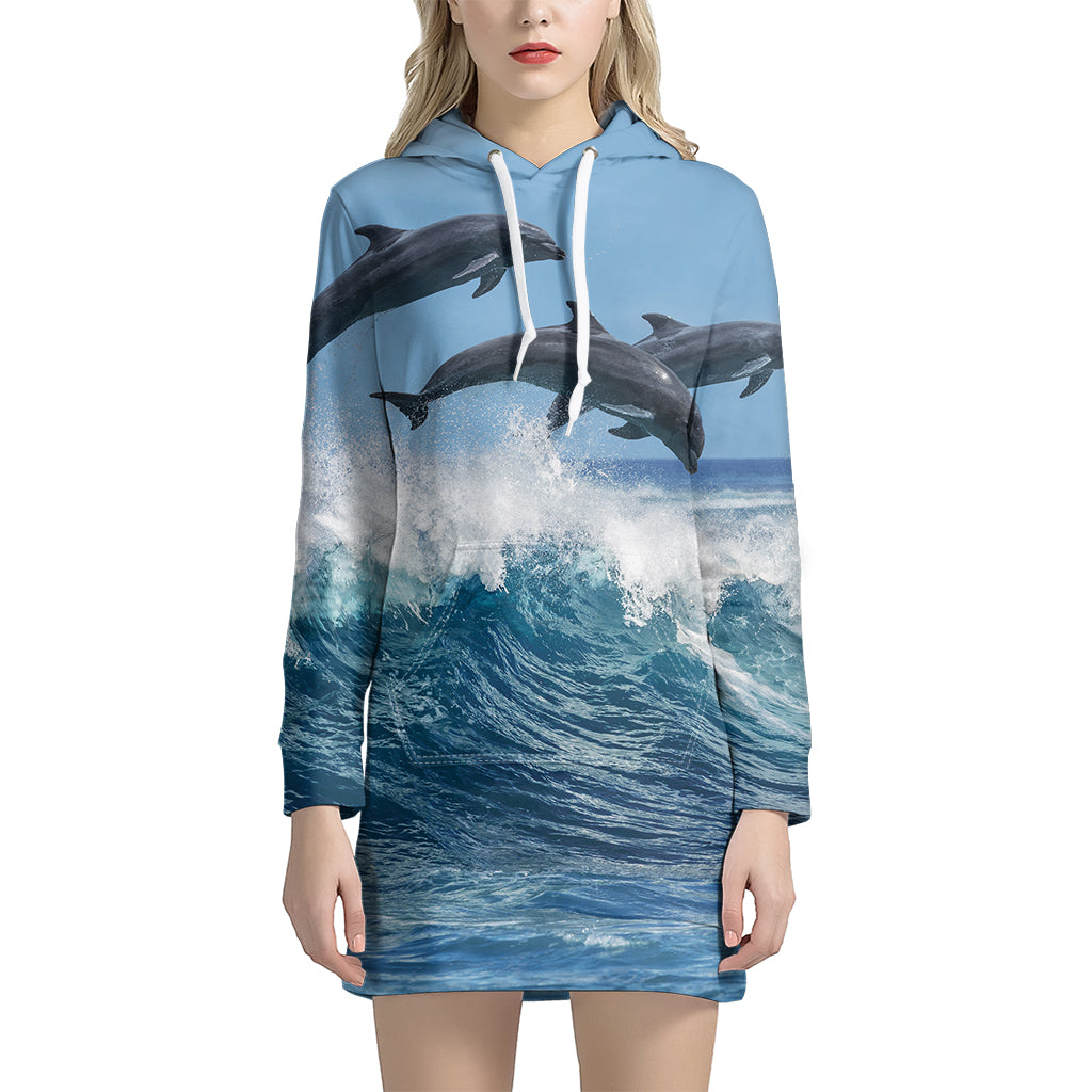 Dolphins Jumping Over Waves Print Hoodie Dress