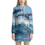 Dolphins Jumping Over Waves Print Hoodie Dress
