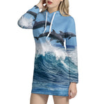 Dolphins Jumping Over Waves Print Hoodie Dress