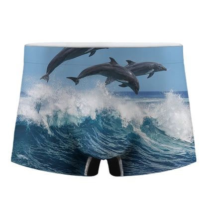 Dolphins Jumping Over Waves Print Men's Boxer Briefs