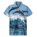Dolphins Jumping Over Waves Print Men's Short Sleeve Shirt