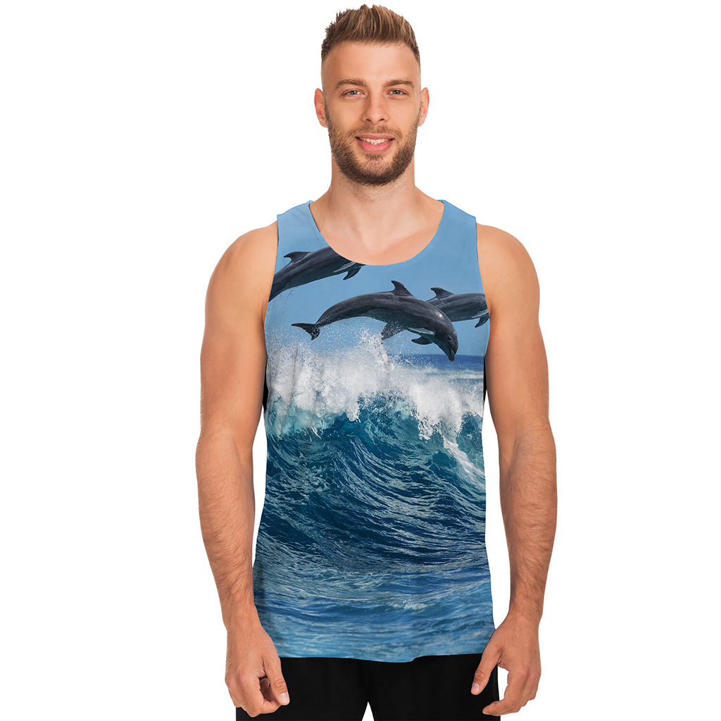 Dolphins Jumping Over Waves Print Men's Tank Top