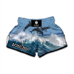 Dolphins Jumping Over Waves Print Muay Thai Boxing Shorts