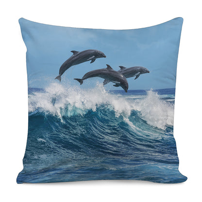 Dolphins Jumping Over Waves Print Pillow Cover