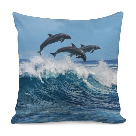Dolphins Jumping Over Waves Print Pillow Cover