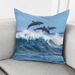 Dolphins Jumping Over Waves Print Pillow Cover