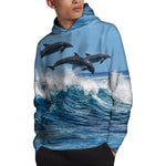 Dolphins Jumping Over Waves Print Pullover Hoodie