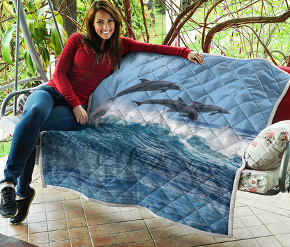 Dolphins Jumping Over Waves Print Quilt