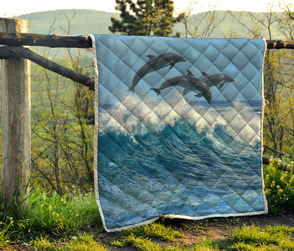 Dolphins Jumping Over Waves Print Quilt