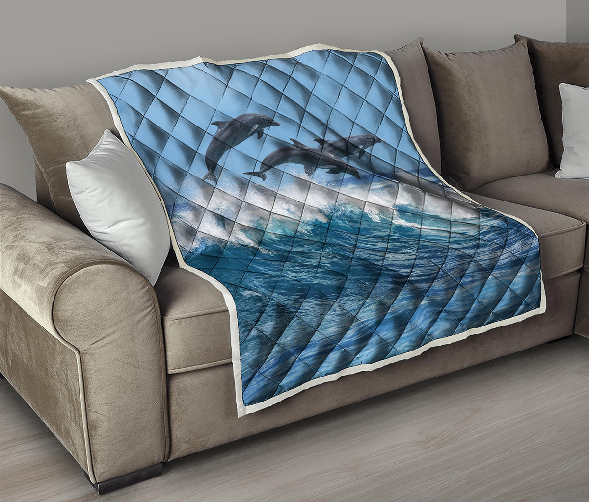 Dolphins Jumping Over Waves Print Quilt