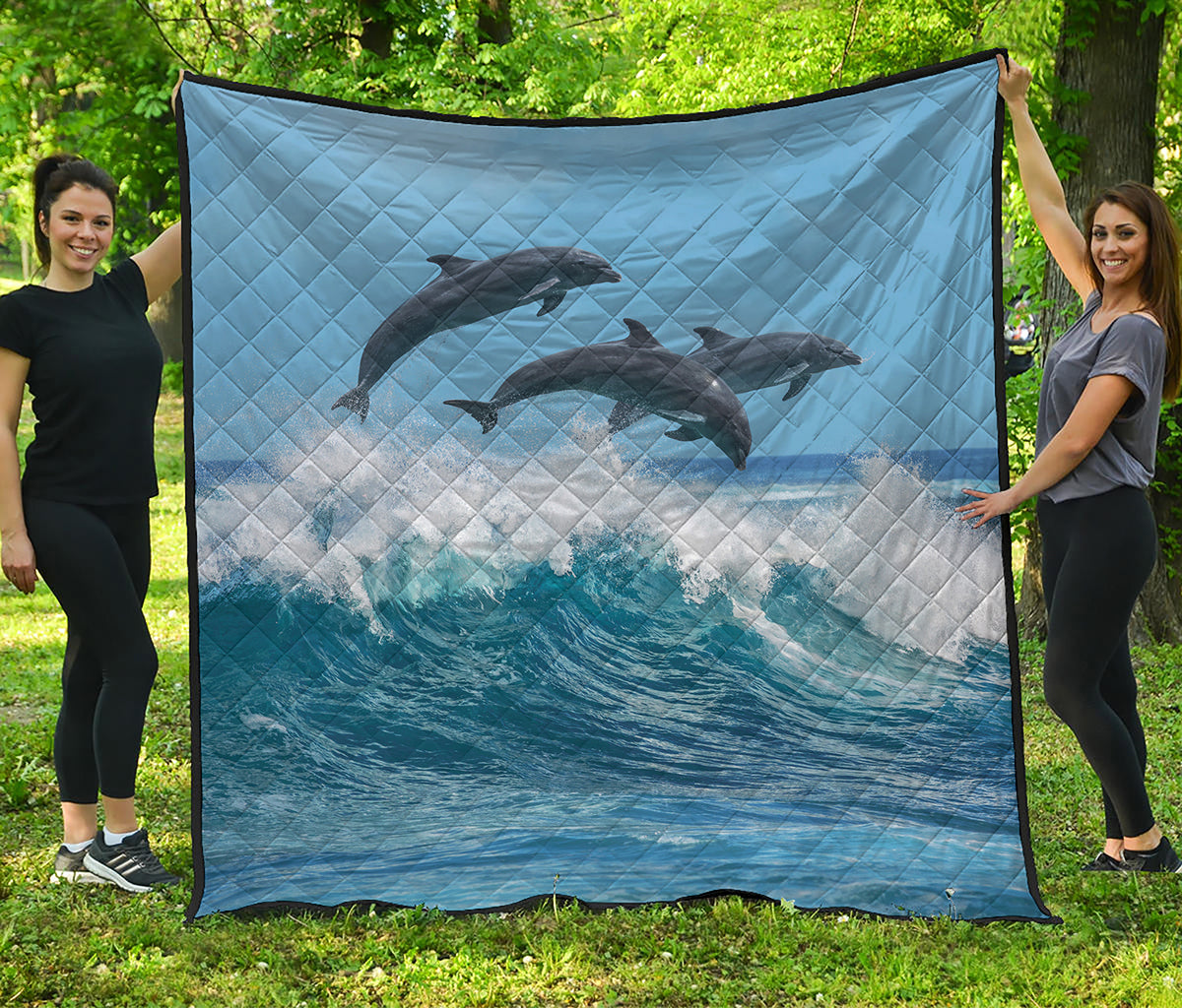 Dolphins Jumping Over Waves Print Quilt